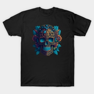 Blossoming Shadows: Black and Gold Sugar Skull Art with Floral Intricacy T-Shirt